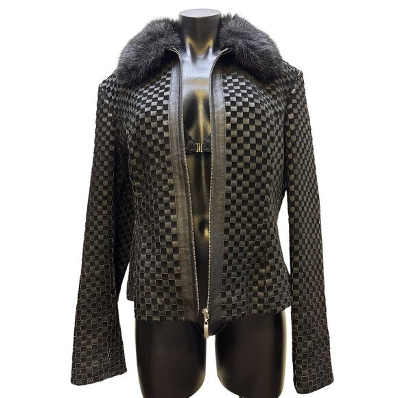 Metro Style Black Leather Jacket With Faux Fur Collar & Checkered Design M - Picture 5 of 9